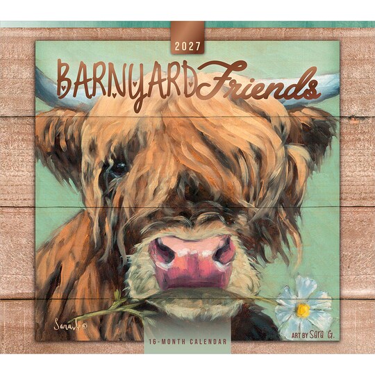 Brush Dance; Barnyard Friends | 2027 13.75 x 24 Inch (Hanging) Monthly Deluxe Wall Calendar | Featuring the Artwork of Sara G. | Linen Envelope | Foil Stamped Cover; Category:Wall Calendars; Image:1